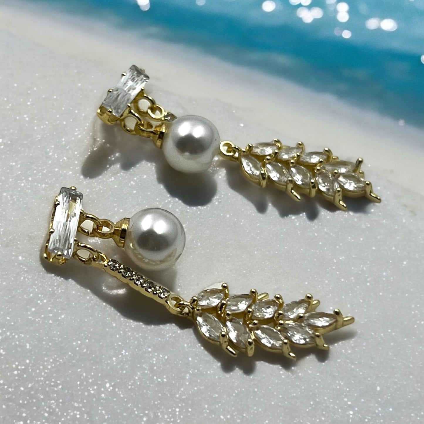 Pearl and Leaf Crystal Drop Earrings