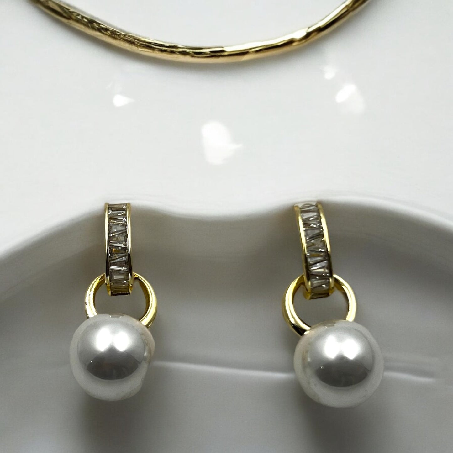 Gold Baguette-Cut Pearl Drop Earrings