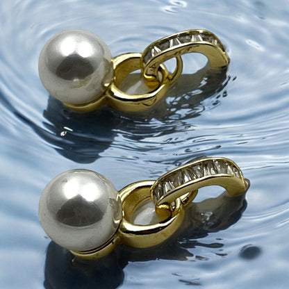 Gold Baguette-Cut Pearl Drop Earrings