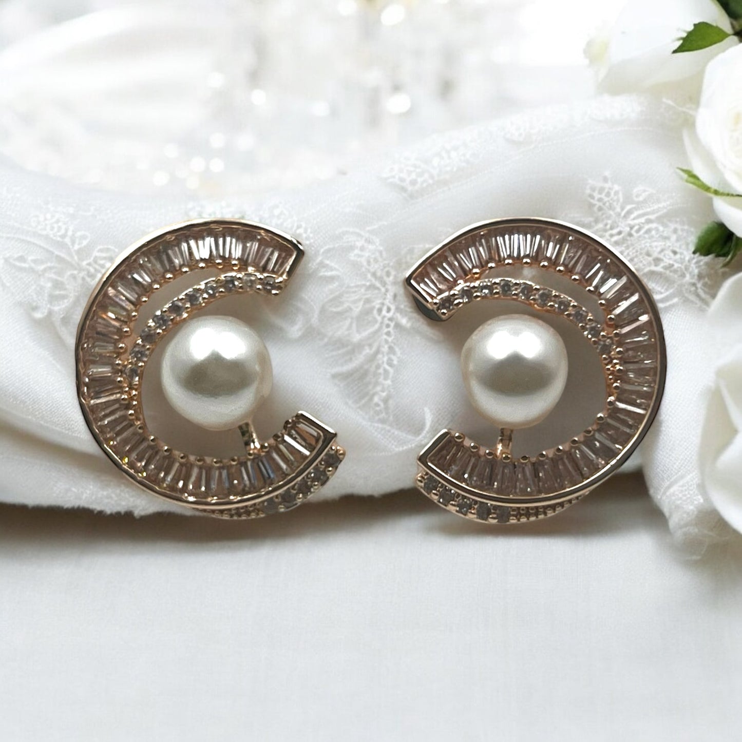 Luxe Crescent Pearl Stud Earrings