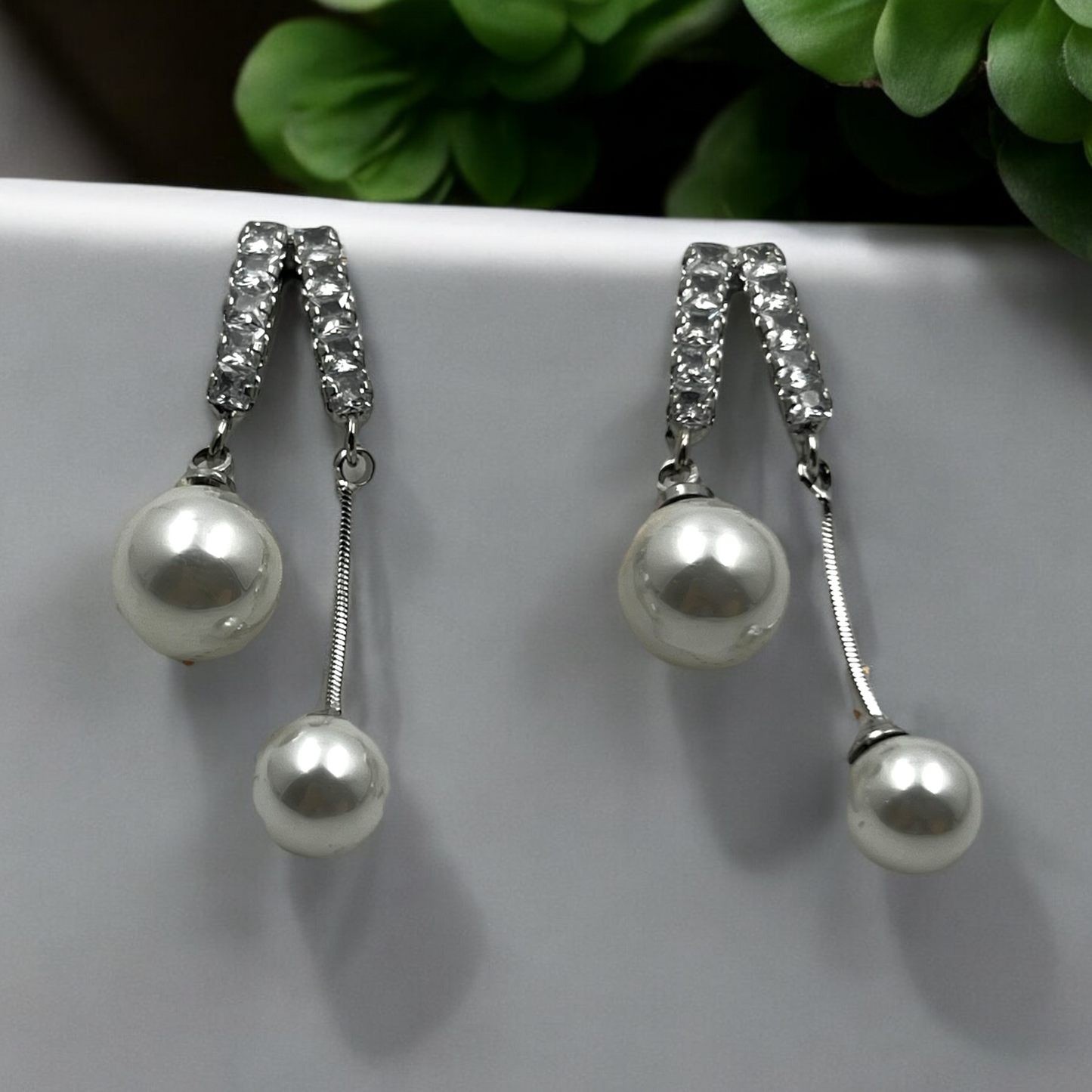 Silver Crystal and Pearl Drop Earrings