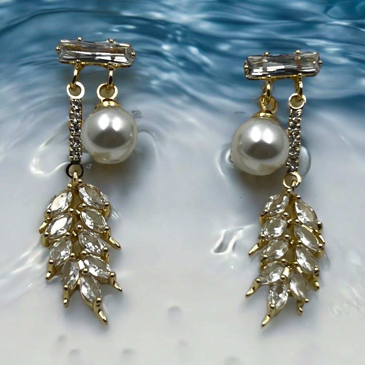 Pearl and Leaf Crystal Drop Earrings