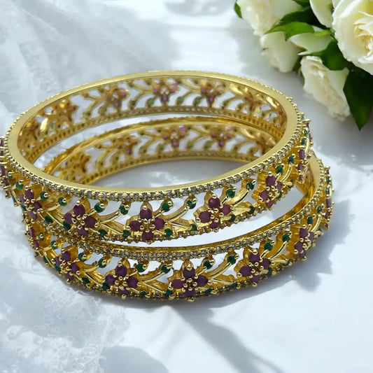 Floral Ruby & Emerald Gold Bangle Set